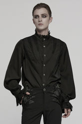 Black Stand Collar Long Puff Sleeves Stitching Lace Men's Gothic Blouse